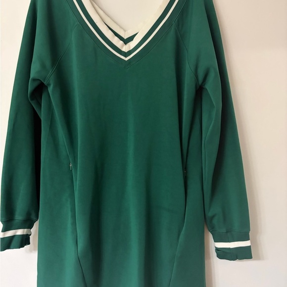 Offline Sweaters - Green V-Neck Long Sleeve Dress with White Stripe Trim